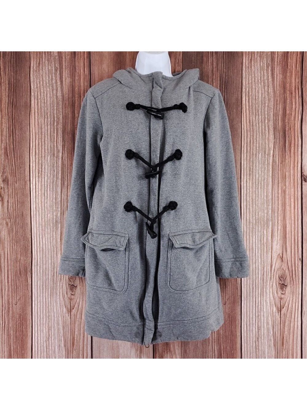 Soft Surroundings Womens Small Gray Hooded Toggle Coat Full Zip Cotton Fleece